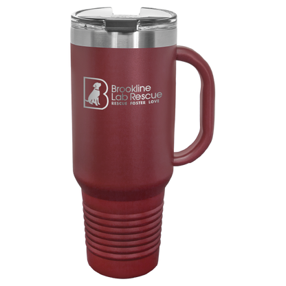 Maroon laser engraved 40 oz tumbler with handle featuring the Brookline Lab Rescue logo