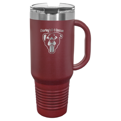 Maroon 40 oz tumbler with handle laser engraved  tumbler featuring the Charley's K9 Rescue logo