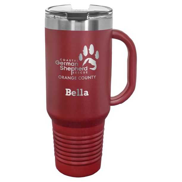 40 tumbler, laser engraved with the Coastal German Shepherd Rescue of OC logo, in maroon