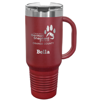 40 tumbler, laser engraved with the Coastal German Shepherd Rescue of OC logo, in maroon