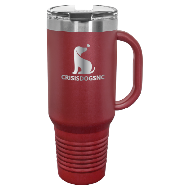 Maroon laser engraved 40 oz travel mug featuring the Crisis Dogs NC logo.