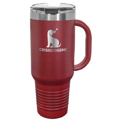 Maroon laser engraved 40 oz travel mug featuring the Crisis Dogs NC logo.