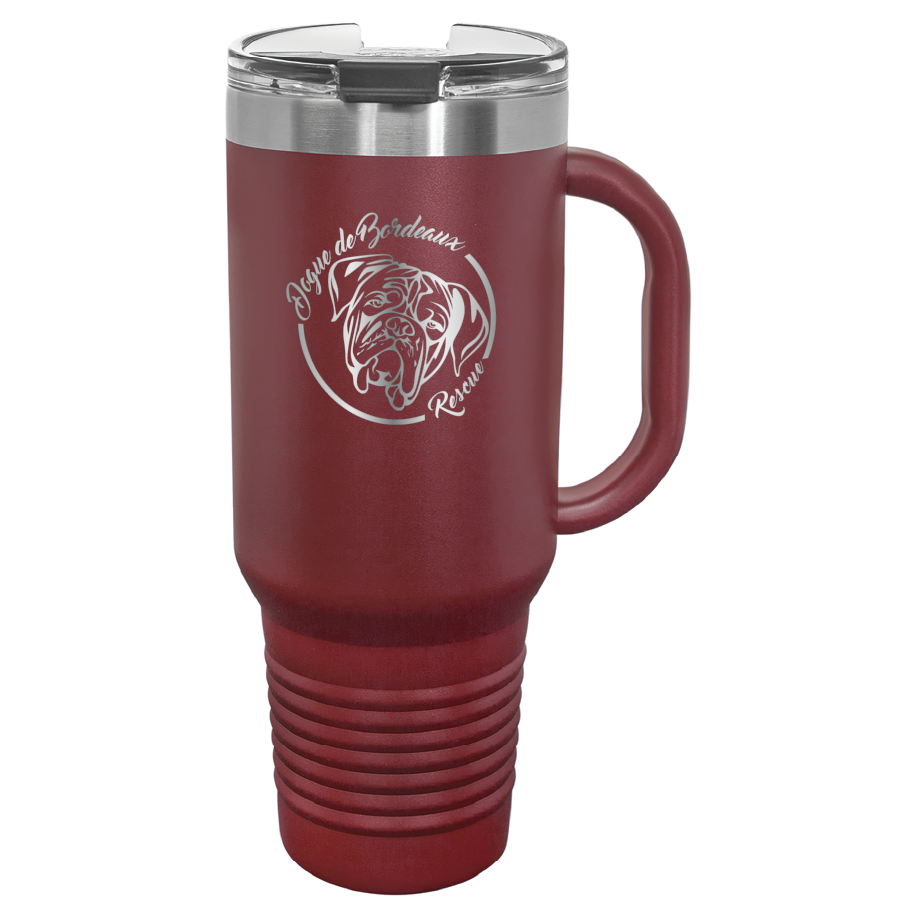 Maroon 40 oz laser engraved water bottle featuring the Dogue de Bordeaux Rescue, Inc. logo