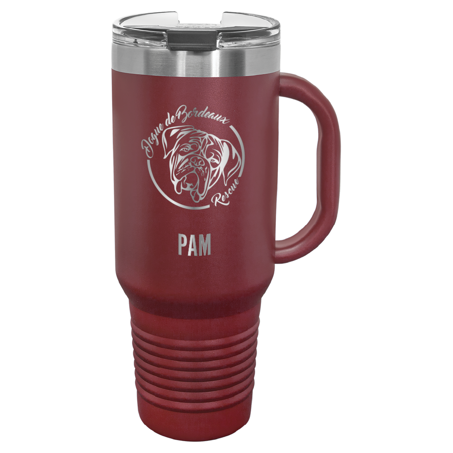 Maroon 40 oz laser engraved water bottle featuring the Dogue de Bordeaux Rescue, Inc. logo and the name Pam