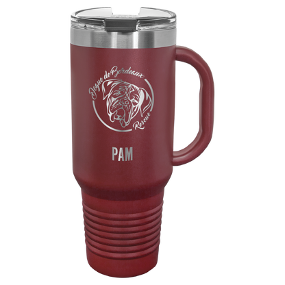 Maroon 40 oz laser engraved water bottle featuring the Dogue de Bordeaux Rescue, Inc. logo and the name Pam