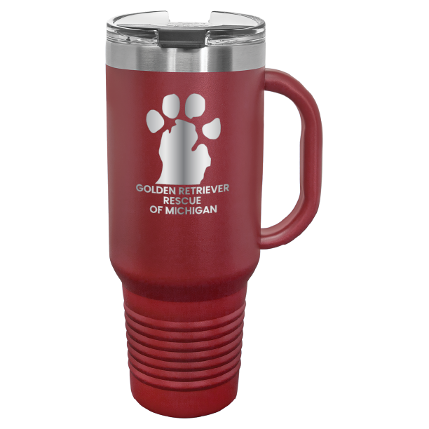 Maroon 40 Oz laser engraved tumbler featuring the  Golden Retriever Rescue of Michigan (GRRoM) logo