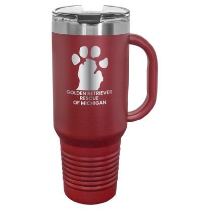 Maroon 40 Oz laser engraved tumbler featuring the  Golden Retriever Rescue of Michigan (GRRoM) logo