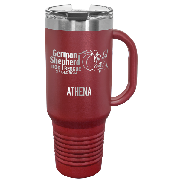 40 Oz travel tumbler, laser engraved with the logo of German Shepherd Dog Rescue of Georgia, in maroon