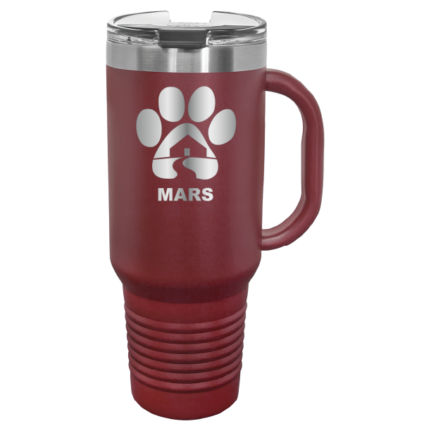 Maroon 40 ounce laser engraved travel mug with handle, featuring the with the Midwest Animal Rescue & Services (MARS) logo