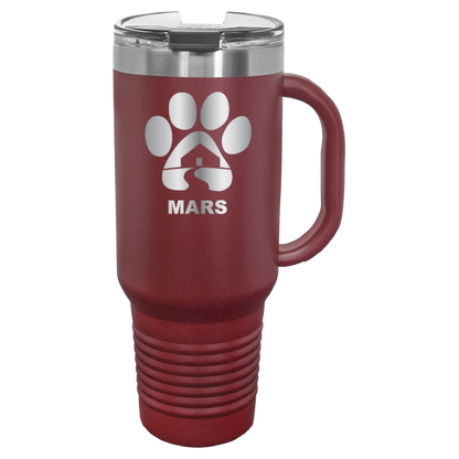 Maroon 40 ounce laser engraved travel mug with handle, featuring the with the Midwest Animal Rescue & Services (MARS) logo