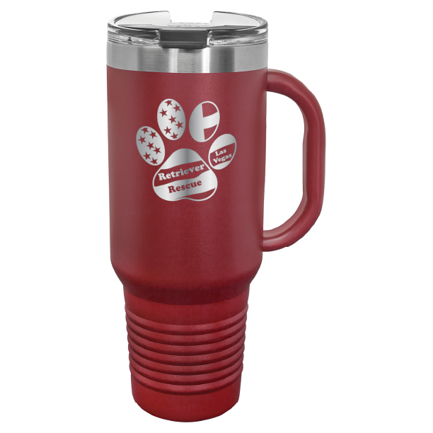 Maroon laser engraved tumbler with handle, featuring the logo of Retriever Rescue of Las Vegas
