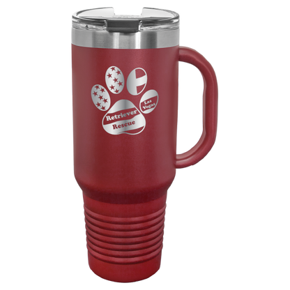 Maroon laser engraved tumbler with handle, featuring the logo of Retriever Rescue of Las Vegas