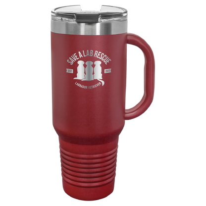40 Oz Save A Lab Rescue Laser engraved printed tumbler.  Perfect gift for rescue moms and dads and pet parents. In maroon.