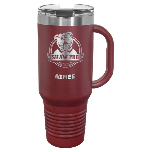 Maroon 40 Oz laser engraved tumbler featuring the Shaw Pit Bull Rescue logo, and the name "Aimee"