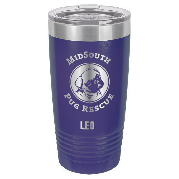 Purple laser engraved 20 oz tumbler featuring the MidSouth Pug Rescue logo and the name Leo.
