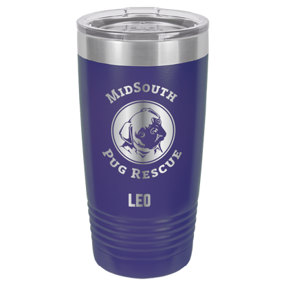Purple laser engraved 20 oz tumbler featuring the MidSouth Pug Rescue logo and the name Leo.