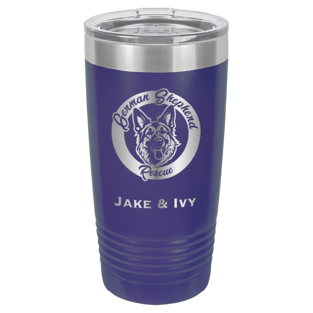 Laser Engraved purple 20 oz tumbler with German Shepherd Rescue and the names Jake and Ivy