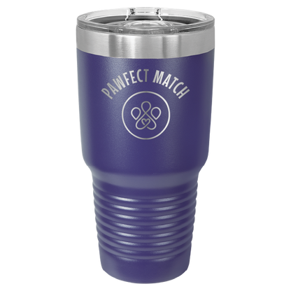 Purple 30 oz laser engraved tumbler featuring the Pawfect Match logo