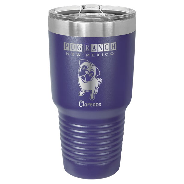 Laser engraved purple tumbler featuring Pug Ranch NM: 30 oz