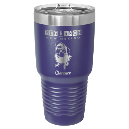 Laser engraved purple tumbler featuring Pug Ranch NM: 30 oz