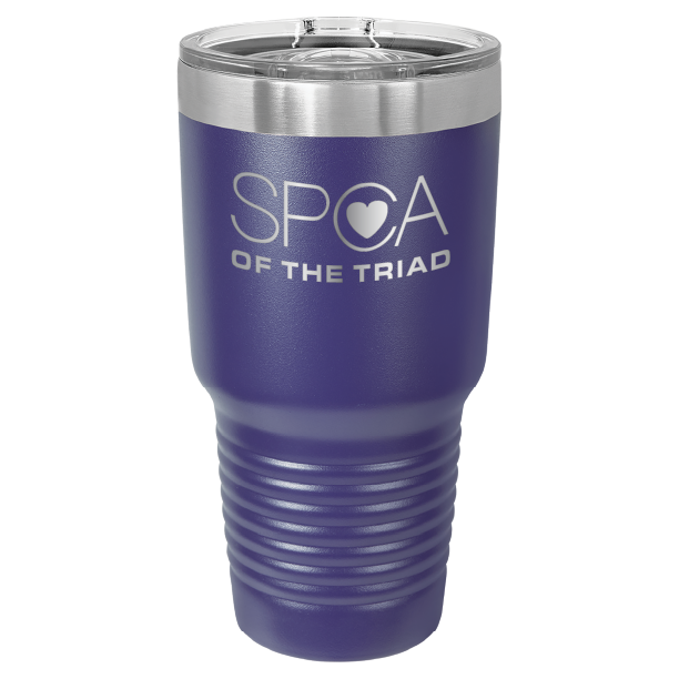 Purple 30 oz laser engraved tumbler featuring the SPCA of the Triad logo.