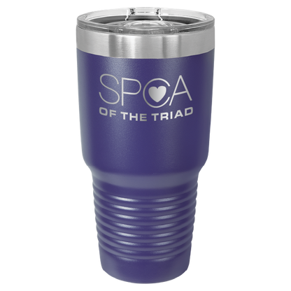 Purple 30 oz laser engraved tumbler featuring the SPCA of the Triad logo.