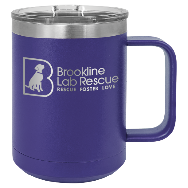 Purple laser engraved 15 of coffee cup featuring the Brookline Lab Rescue logo