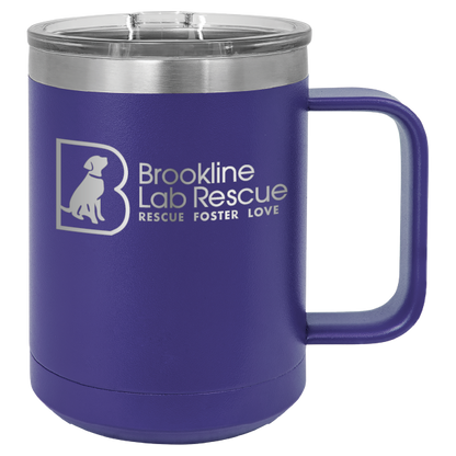 Purple laser engraved 15 of coffee cup featuring the Brookline Lab Rescue logo