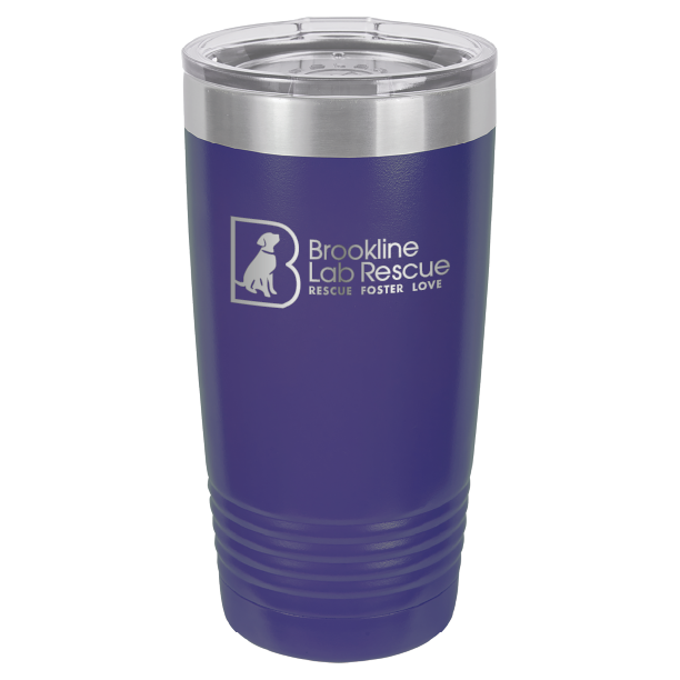 Purple  laser engraved 20 ounce tumbler featuring the Brookline Lab Rescue logo