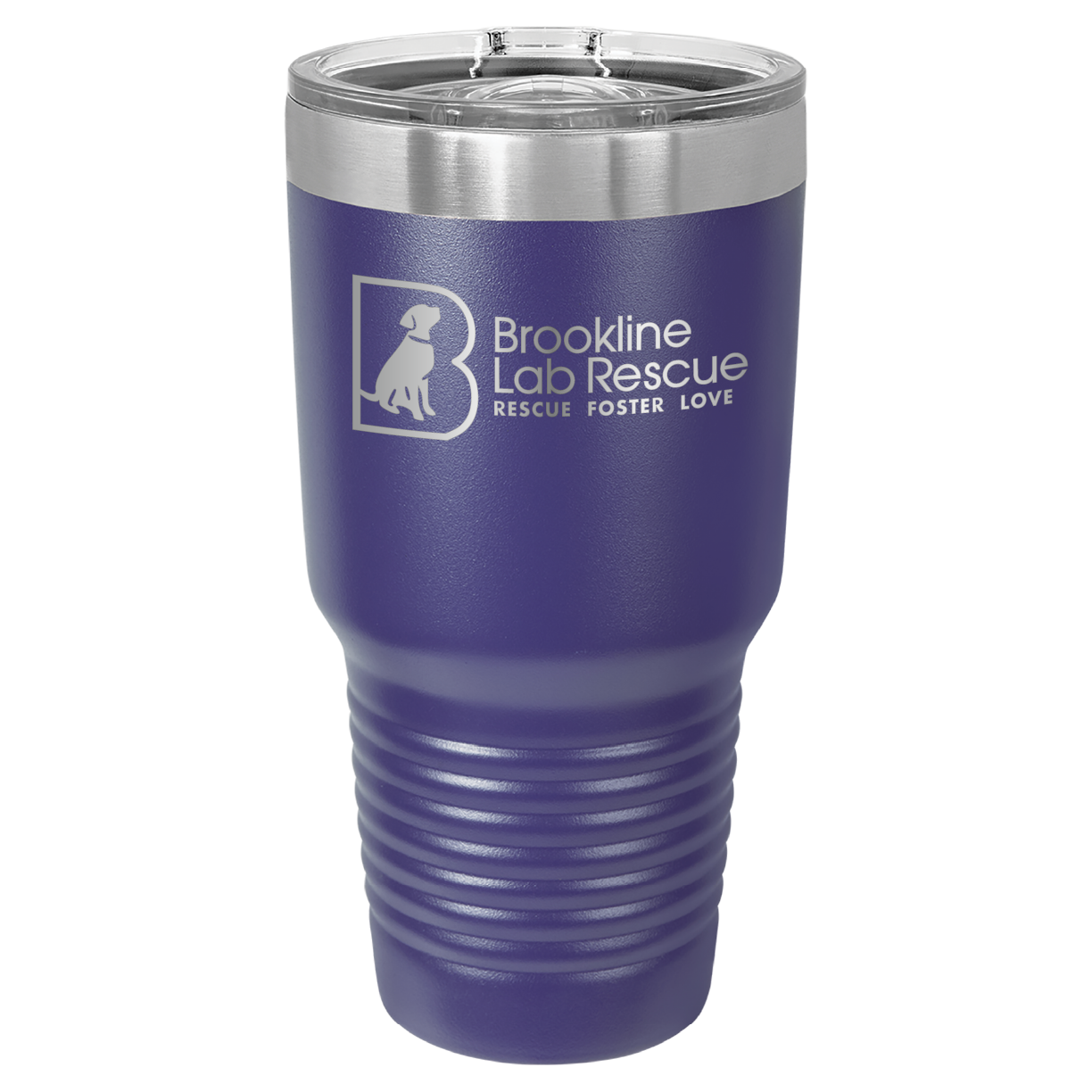 Purple laser engraved 30 oz tumbler featuring the Brookline Lab Rescue logo