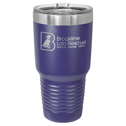 Purple laser engraved 30 oz tumbler featuring the Brookline Lab Rescue logo