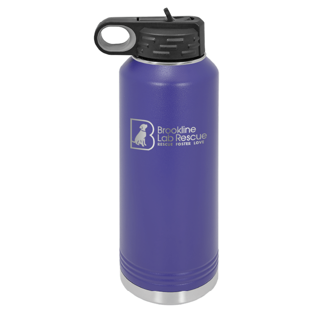 Purple laser engraved 40 oz water bottle featuring the Brookline Lab Rescue logo