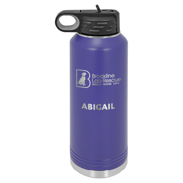 Purple laser engraved 40 oz water bottle featuring the Brookline Lab Rescue logo and the name "Abigail"