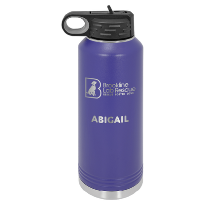 Purple laser engraved 40 oz water bottle featuring the Brookline Lab Rescue logo and the name "Abigail"