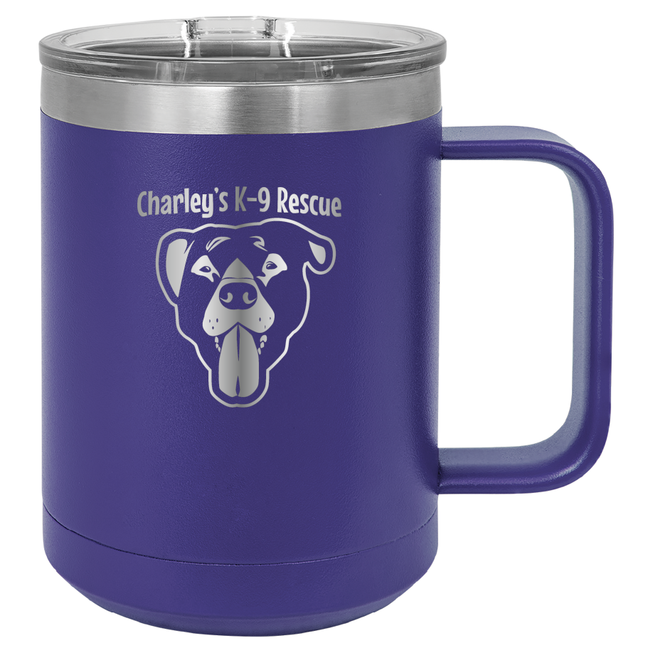 Purple 15 oz coffee cup laser engraved  tumbler featuring the Charley's K9 Rescue logo