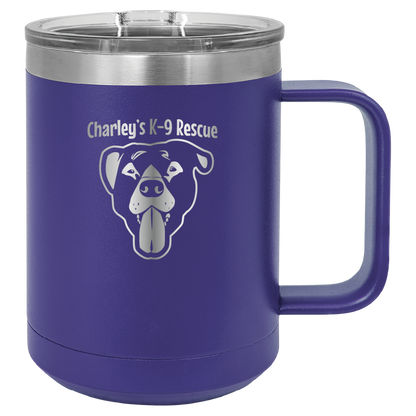 Purple 15 oz coffee cup laser engraved  tumbler featuring the Charley's K9 Rescue logo