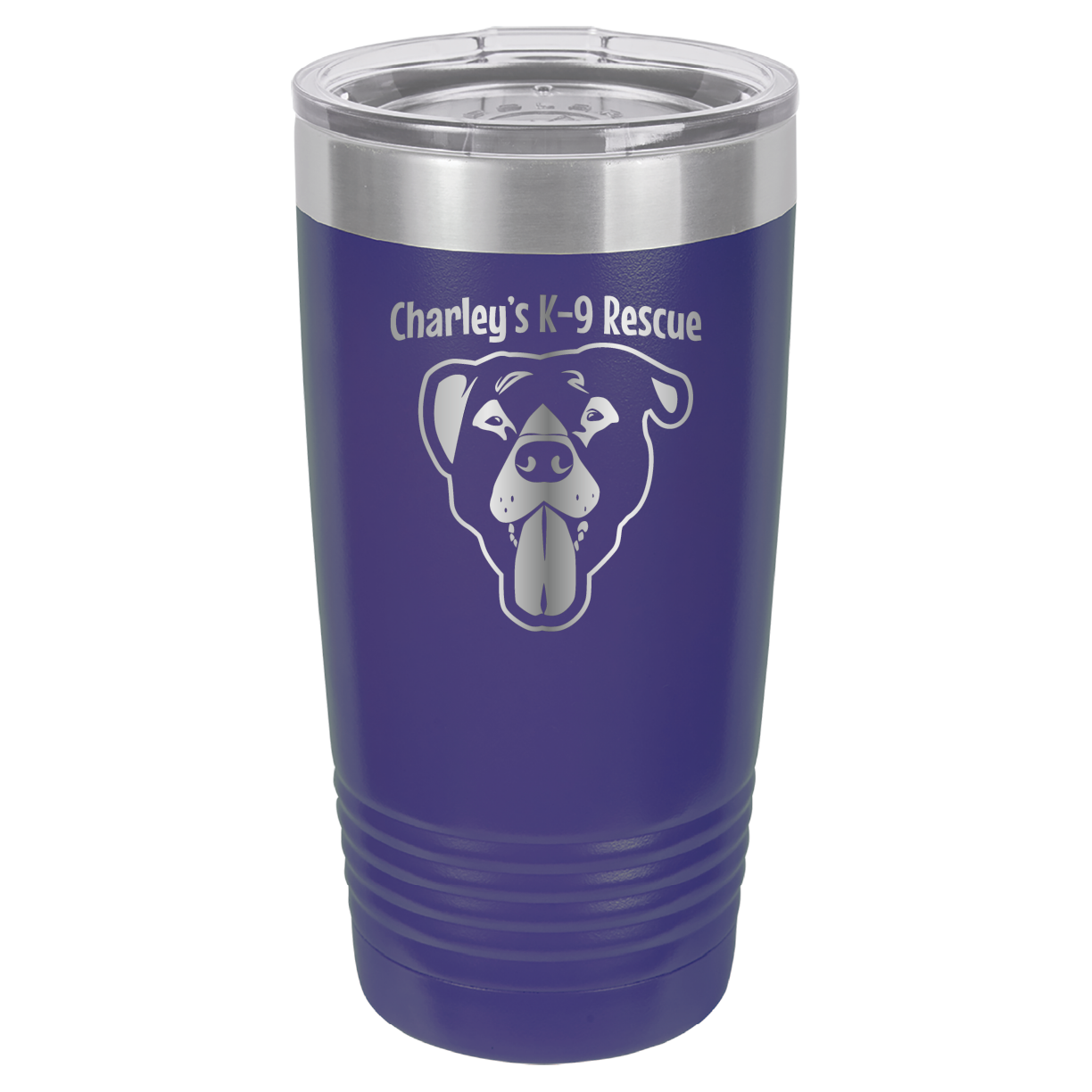 Purple 20 ounce tumbler laser engraved  tumbler featuring the Charley's K9 Rescue logo