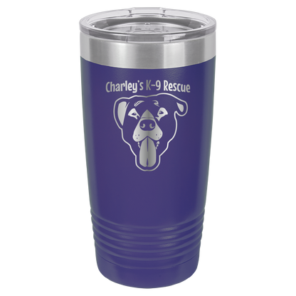 Purple 20 ounce tumbler laser engraved  tumbler featuring the Charley's K9 Rescue logo