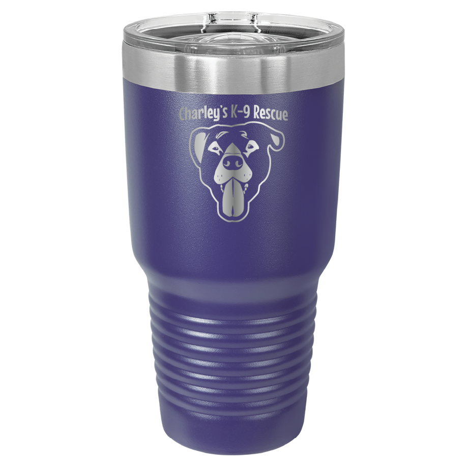 Purple 30 oz tumbler laser engraved  tumbler featuring the Charley's K9 Rescue logo