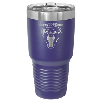 Purple 30 oz tumbler laser engraved  tumbler featuring the Charley's K9 Rescue logo