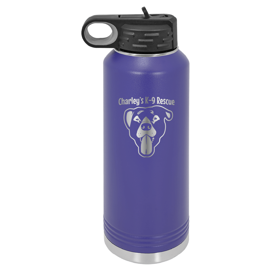 Purple 40 oz water bottle laser engraved  tumbler featuring the Charley's K9 Rescue logo