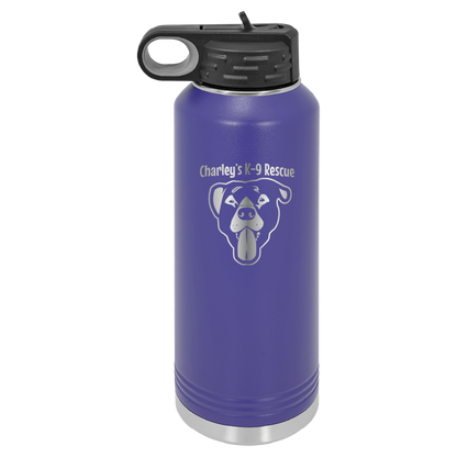 Purple 40 oz water bottle laser engraved  tumbler featuring the Charley's K9 Rescue logo