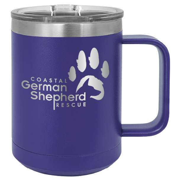 Purple 15 ounce laser engraved coffee mug, featuring the with the Coastal German Shpherd Rescue of Orange County logo