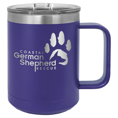 Purple 15 ounce laser engraved coffee mug, featuring the with the Coastal German Shpherd Rescue of Orange County logo