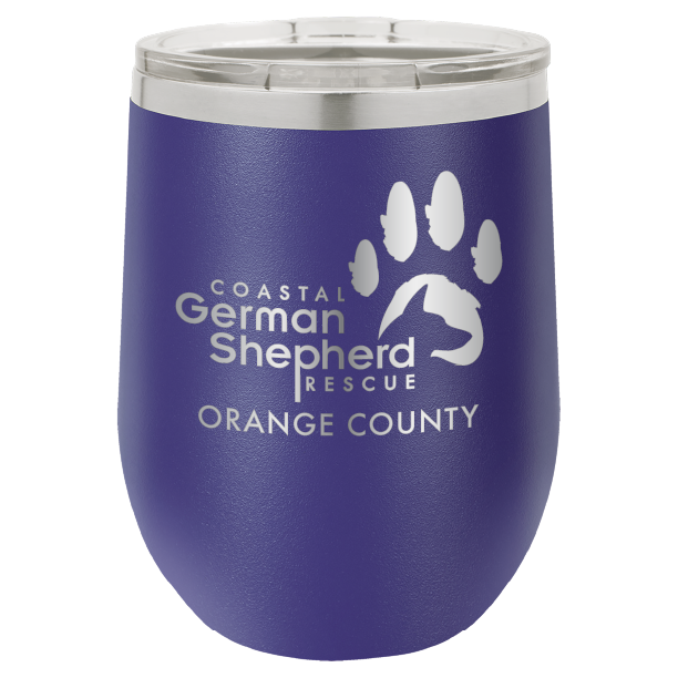 12 oz Wine tumbler laser engraved with the Coastal German Shepherd Rescue of Orange County logo, in purple