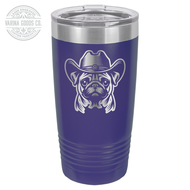 Purple Cowboy Pug laser engraved 20 oz tumbler.