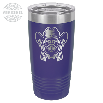 Purple Cowboy Pug laser engraved 20 oz tumbler.