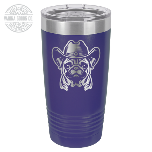 Purple Cowboy Pug laser engraved 20 oz tumbler.