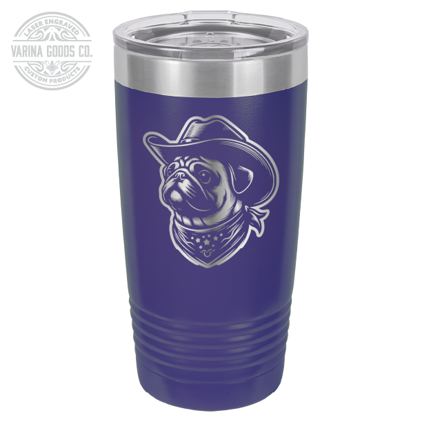 Cowboy Pug with bandana 20 laser engraved tumbler, in purple