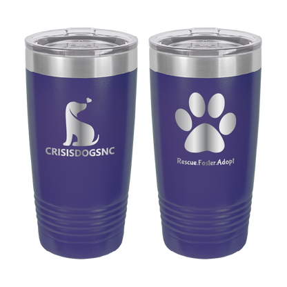 Purple 20 oz laser engraved tumbler with the Crisis Dogs NC logo on one side and Rescue.Foster. Adopt. on the reverse side.